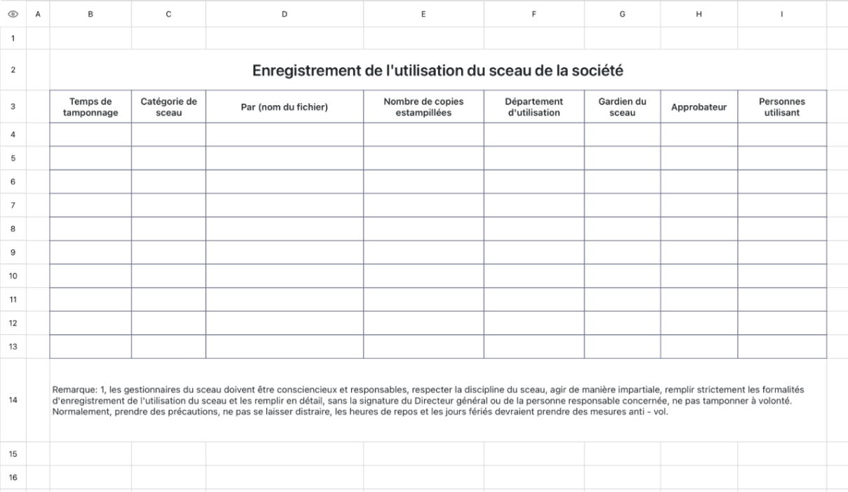 Enregistrement de l'utilisation du sceau de la société